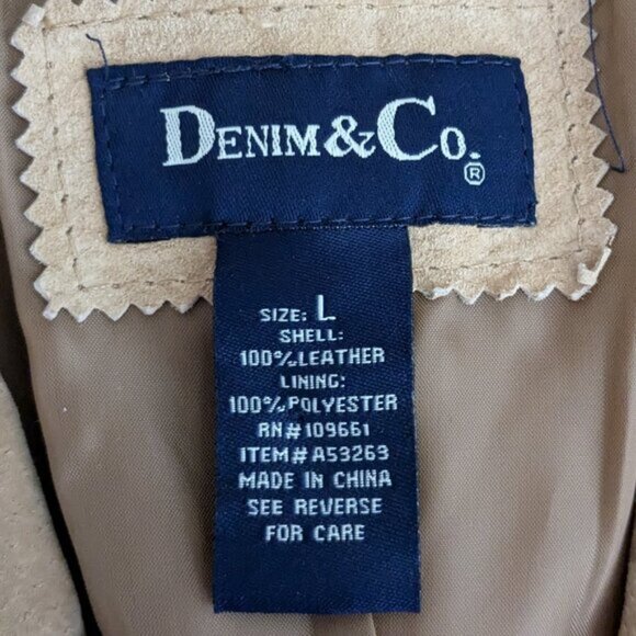 DENIM & CO. Tan Suede Leather Blazer Jacket w Fringe; Size L - Picture 5 of 6